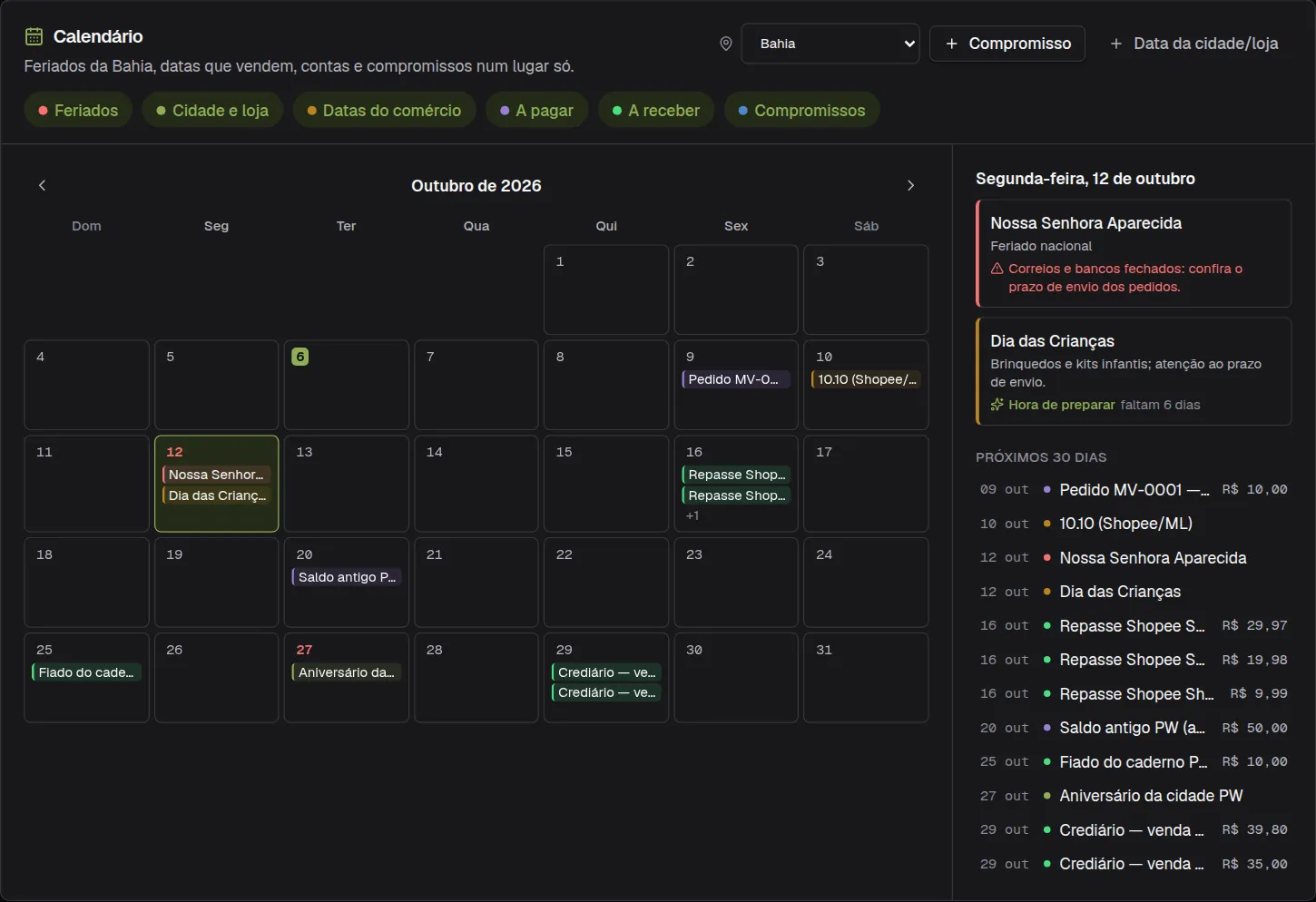 Calendário do painel com feriados, datas do comércio e vencimentos