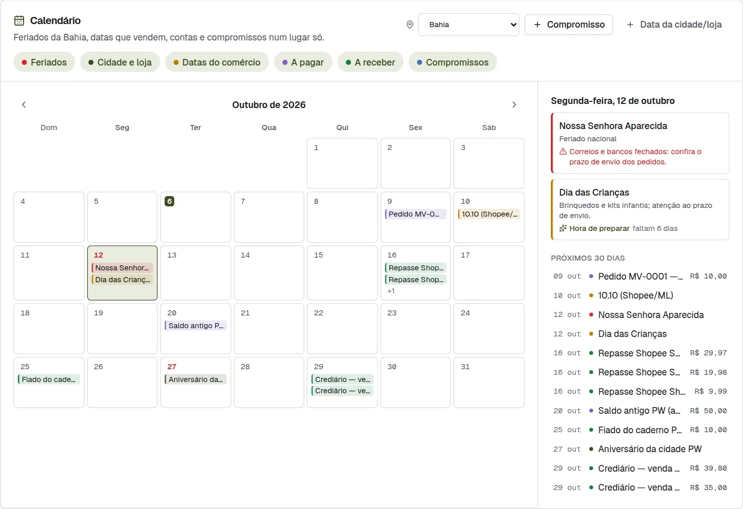 Calendário do painel com feriados, datas do comércio e vencimentos