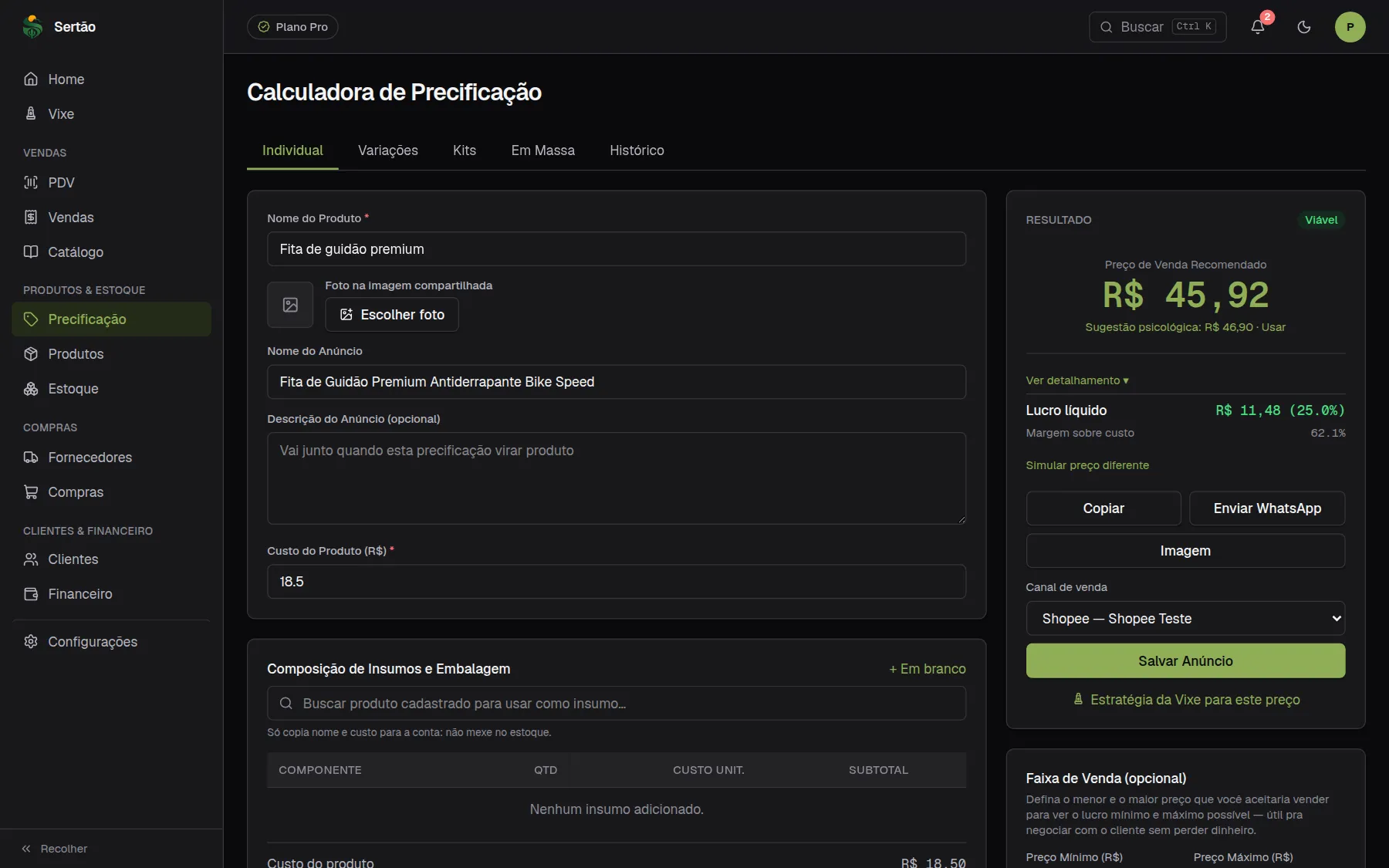 Calculadora de precificação do Sertão mostrando o preço recomendado e o lucro líquido