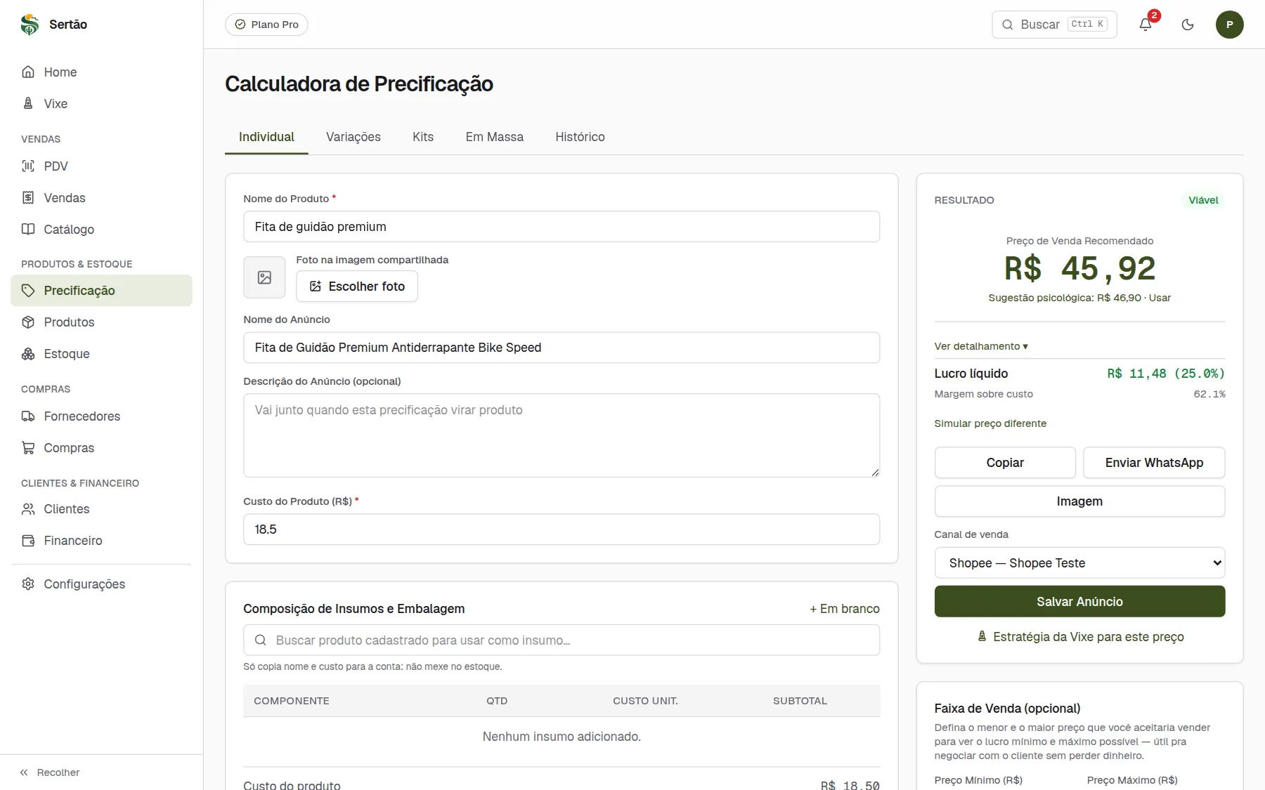 Calculadora de precificação do Sertão mostrando o preço recomendado e o lucro líquido